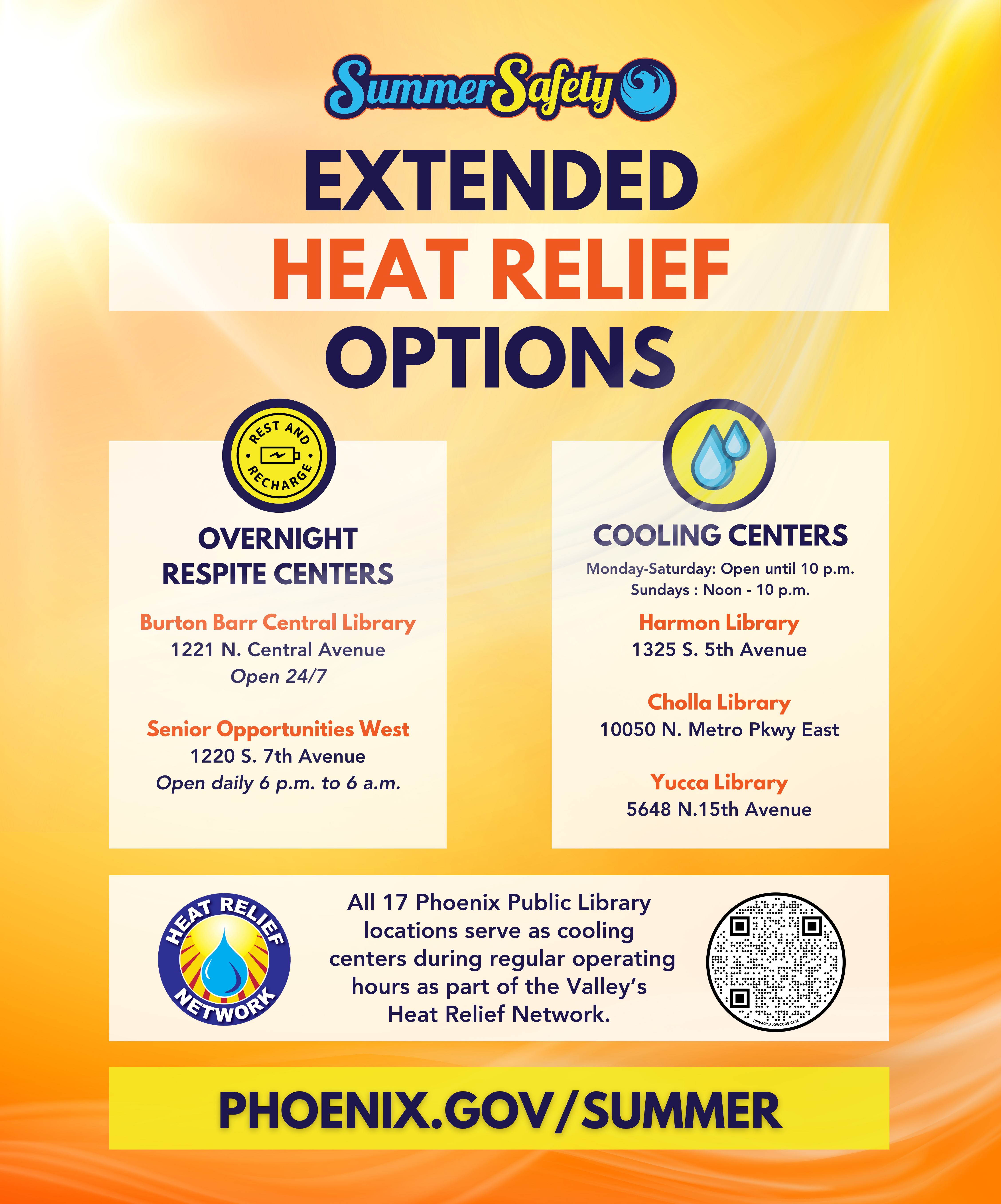 FLier explaining heat relief center hours with address