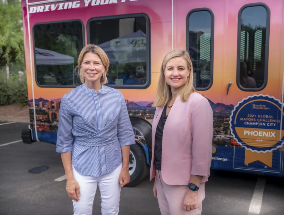 Andrea Coleman from Bloomberg Philanthropies (left) and Mayor Kate Gallego (right)