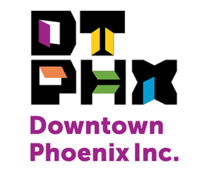 Black, purple, yellow and green Downtown Phoenix Partnership logo