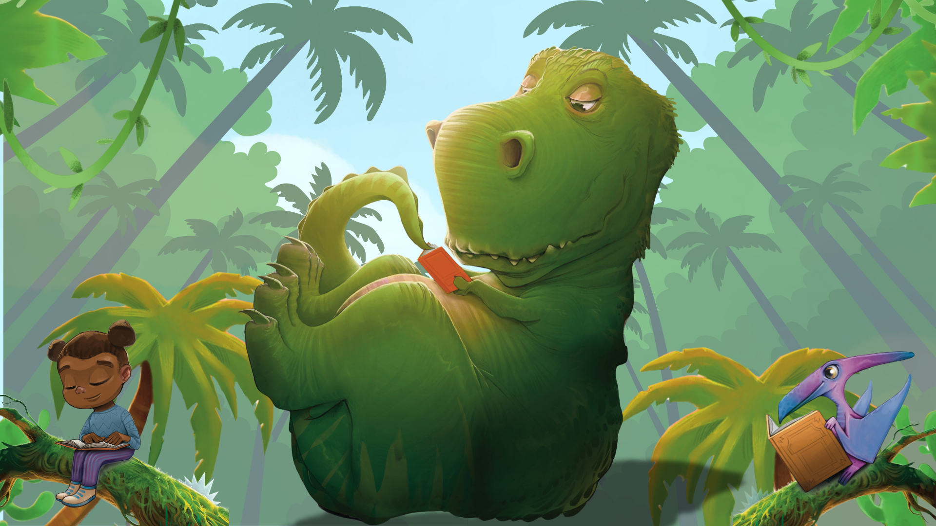 Graphic image of dinosaurs and a young girl readings books in a jungle promoting this years summer reading them, "Unearth a Story."