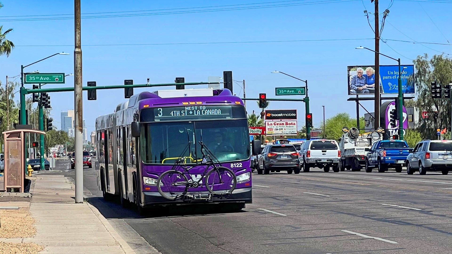A Valley Metro bus at a bus stop on 35th Avenue and Van Buren Street. 