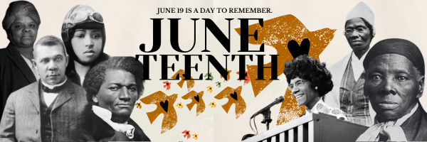 A collage banner reading 'June 19 is a day to remember. Juneteenth' in bold black text, featuring black-and-white archival photos of notable Black historical figures alongside an illustrated cluster of orange and yellow butterflies and hearts.
