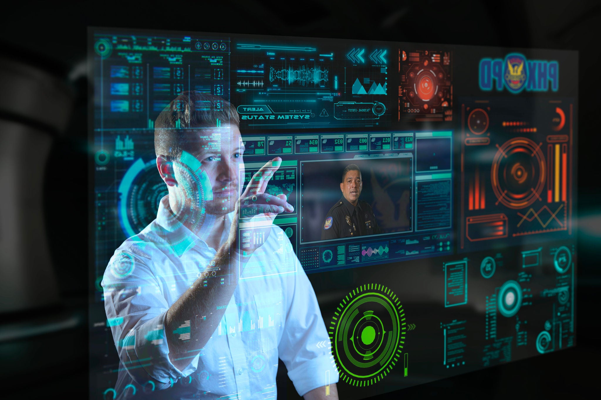 A digitally enhanced graphic of an officer viewing data.