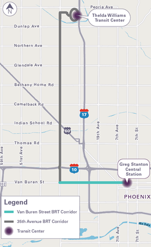 Map of the Phoenix Bus Rapid Transit corridor along 35th Avenue and Van Buren Street. 