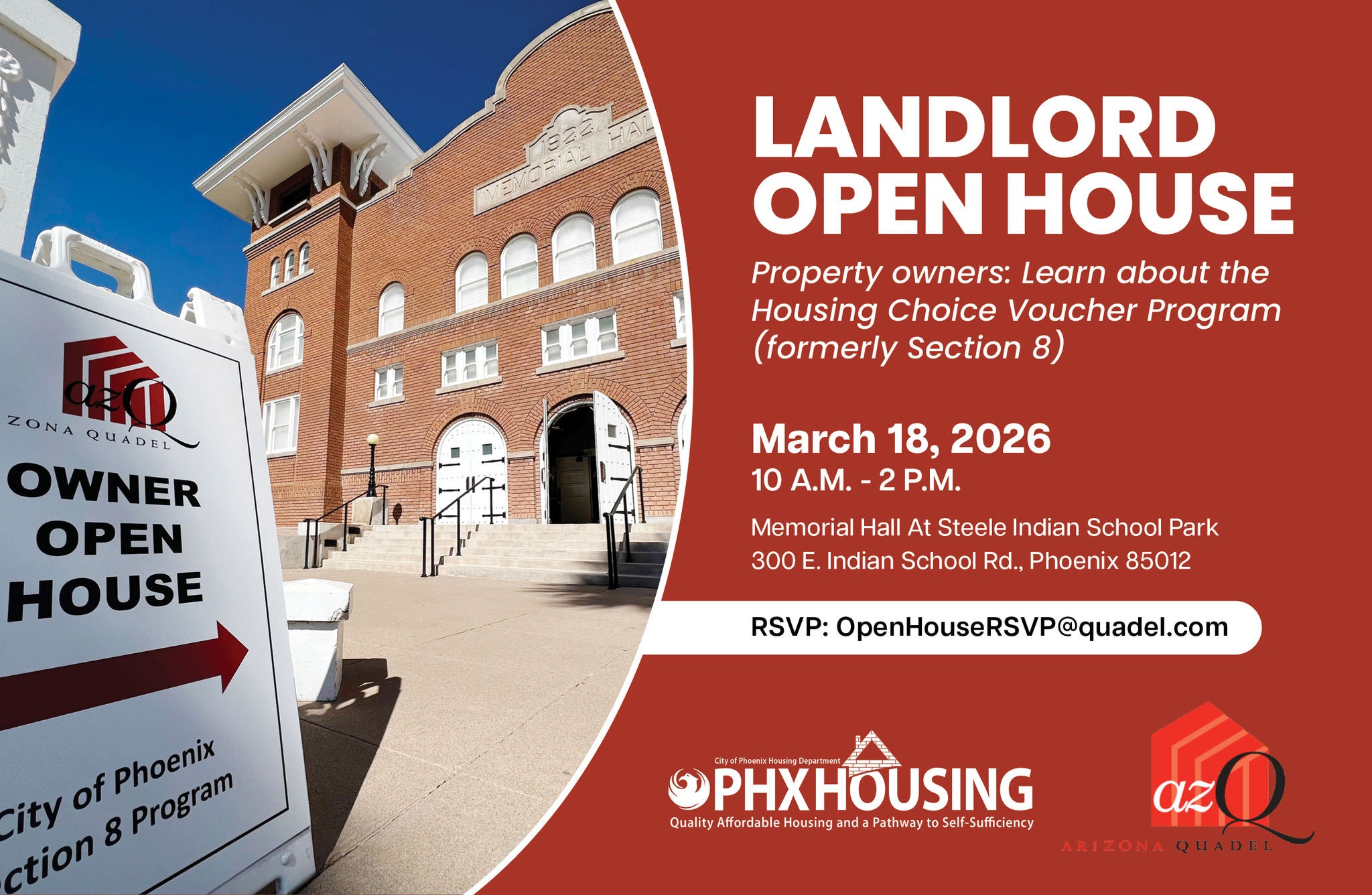 Landlord Open House flyer for March 18, 2026 hosted by Phoenix Housing Department and Quadel