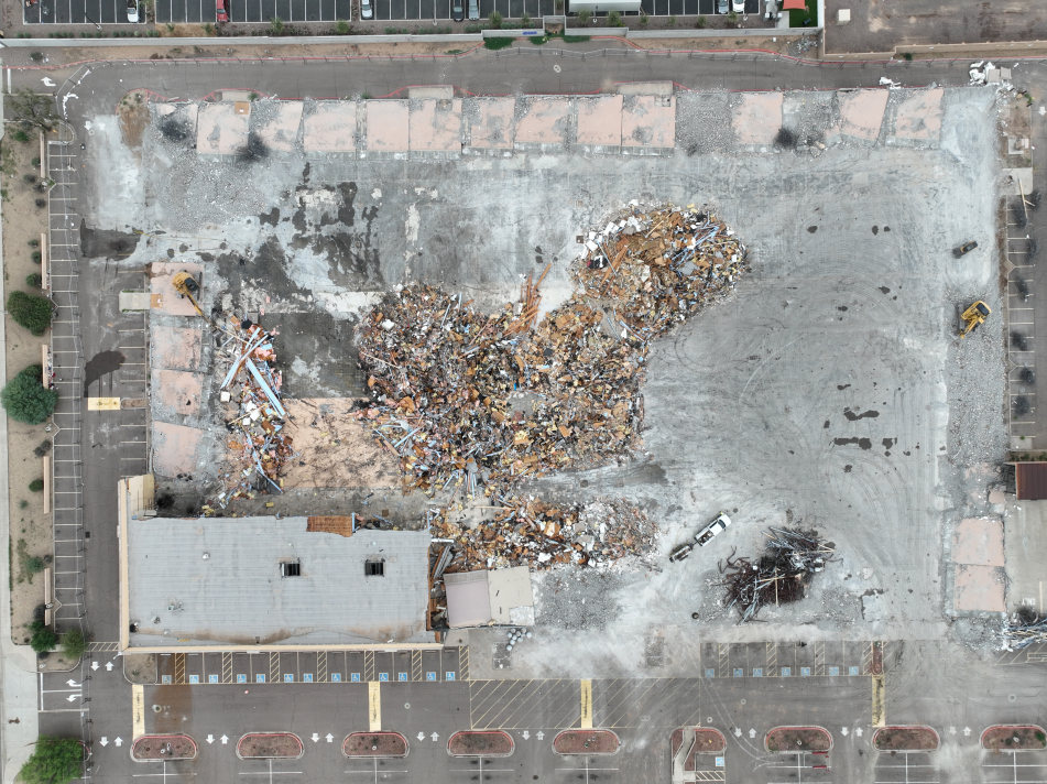 Arial view of debris following the demolition of former Fry's Electronics