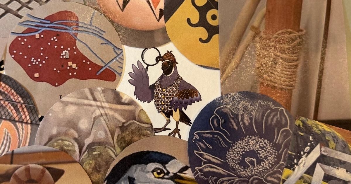 Photo of museum mascot "Quinn the Quail" in a detective's costume with a magnifying glass surrounded by paper clippings of zoomed in museum features from the museum's detail detective activity.
