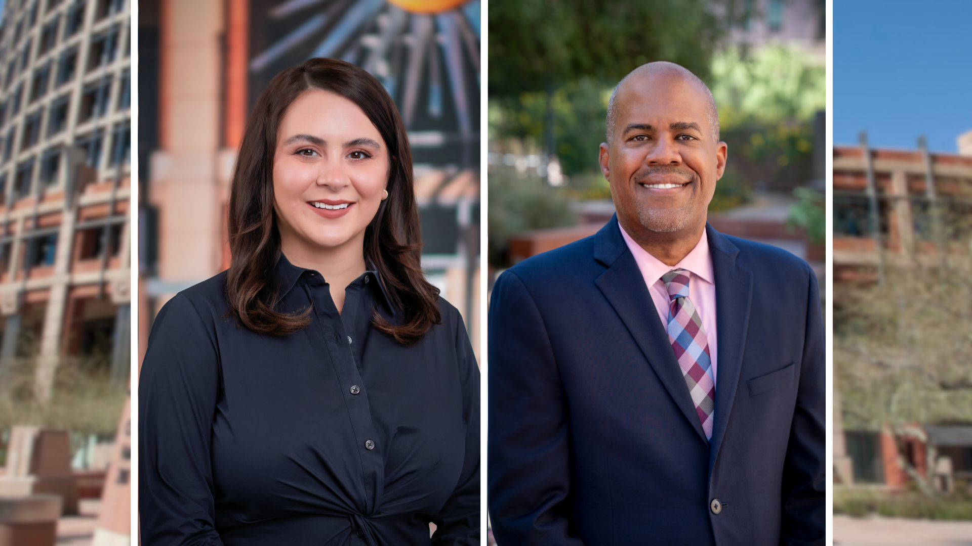 Headshot photos of Ilse Borquez (left) and Marty Whitfield (right) with Phoenix City Hall in the background