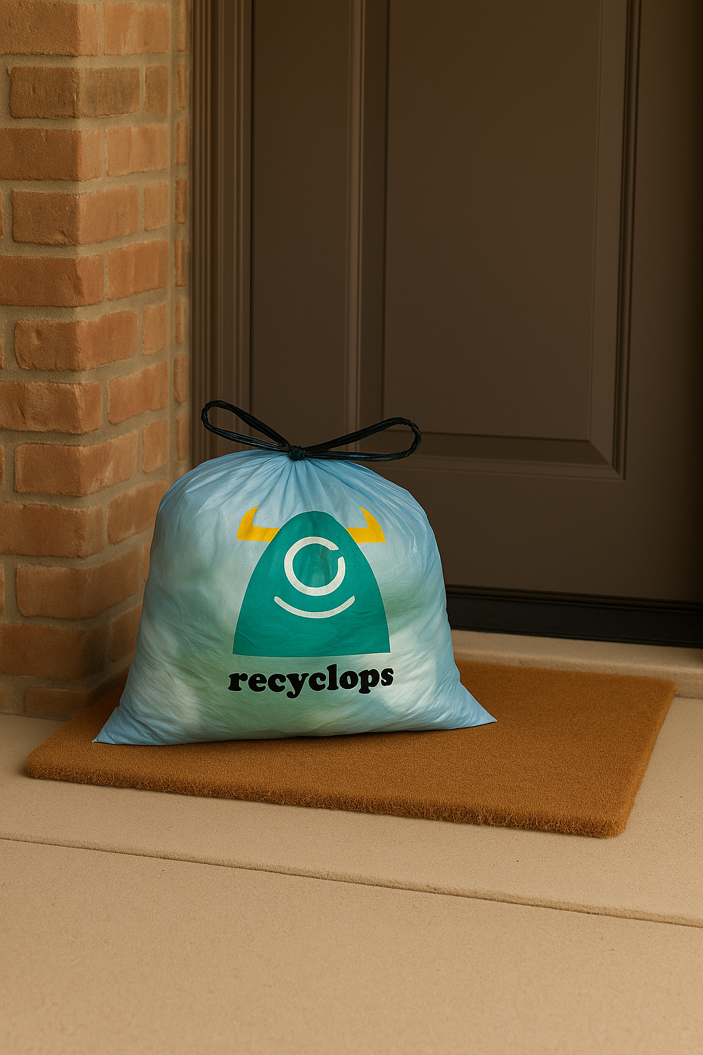 A trash bag stuffed full of other plastic bags sits on a front porch. The bag has the logo for Recyclops -- a green cartoon cyclops with yellow horns.