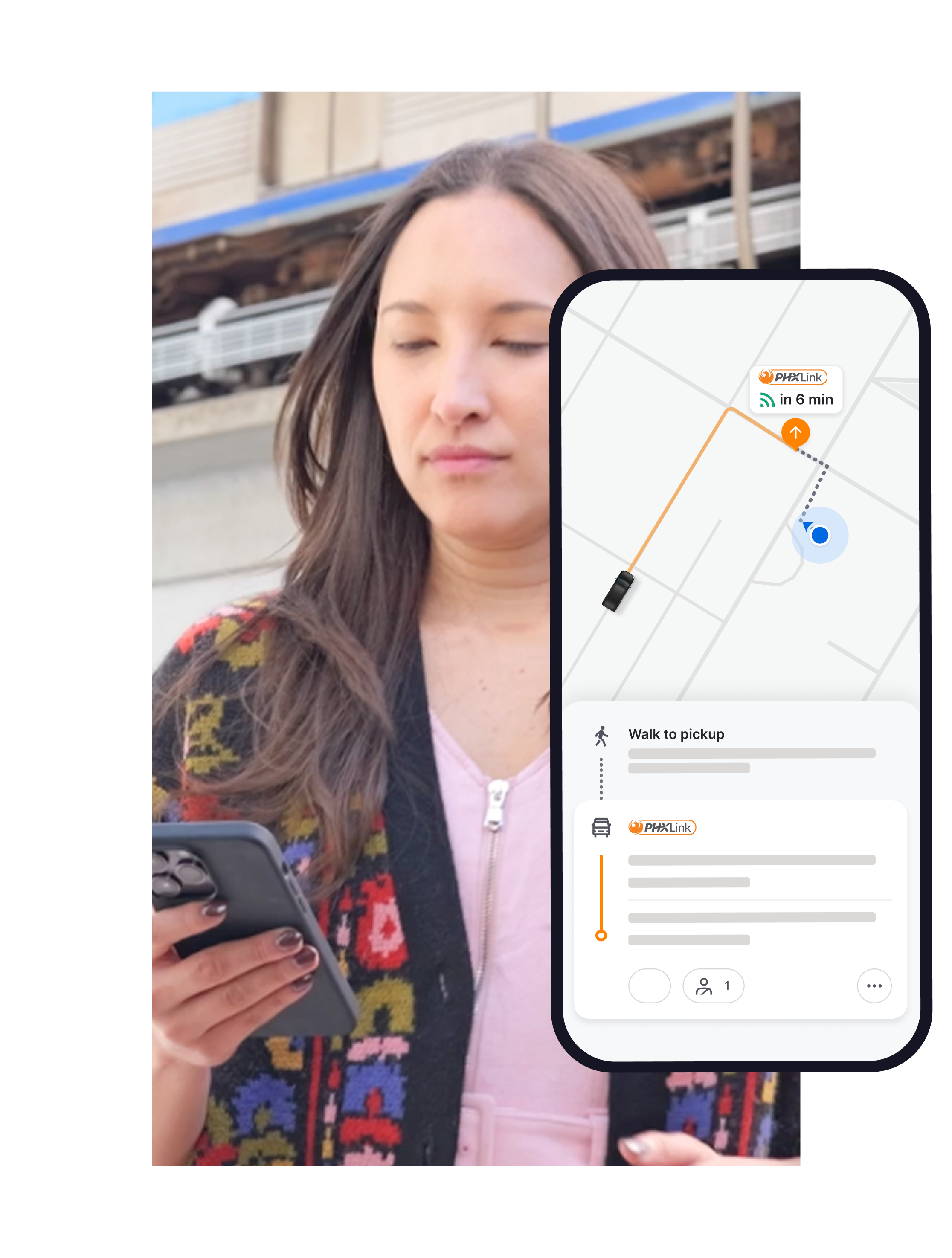 An up close picture of a woman looking at her smartphone. Next to her on the right is a graphic of the smartphone screen showing the PHXLink app. 