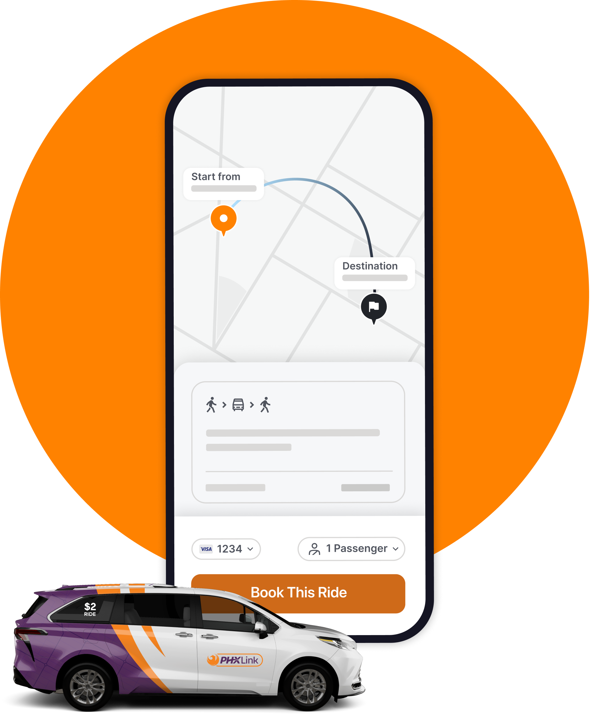 An image of an orange circle with a graphic of a smartphone  in front of it open to the PHXLink app. There is an image of a purple and orange PHXLink vehicle on the bottom left corner. 