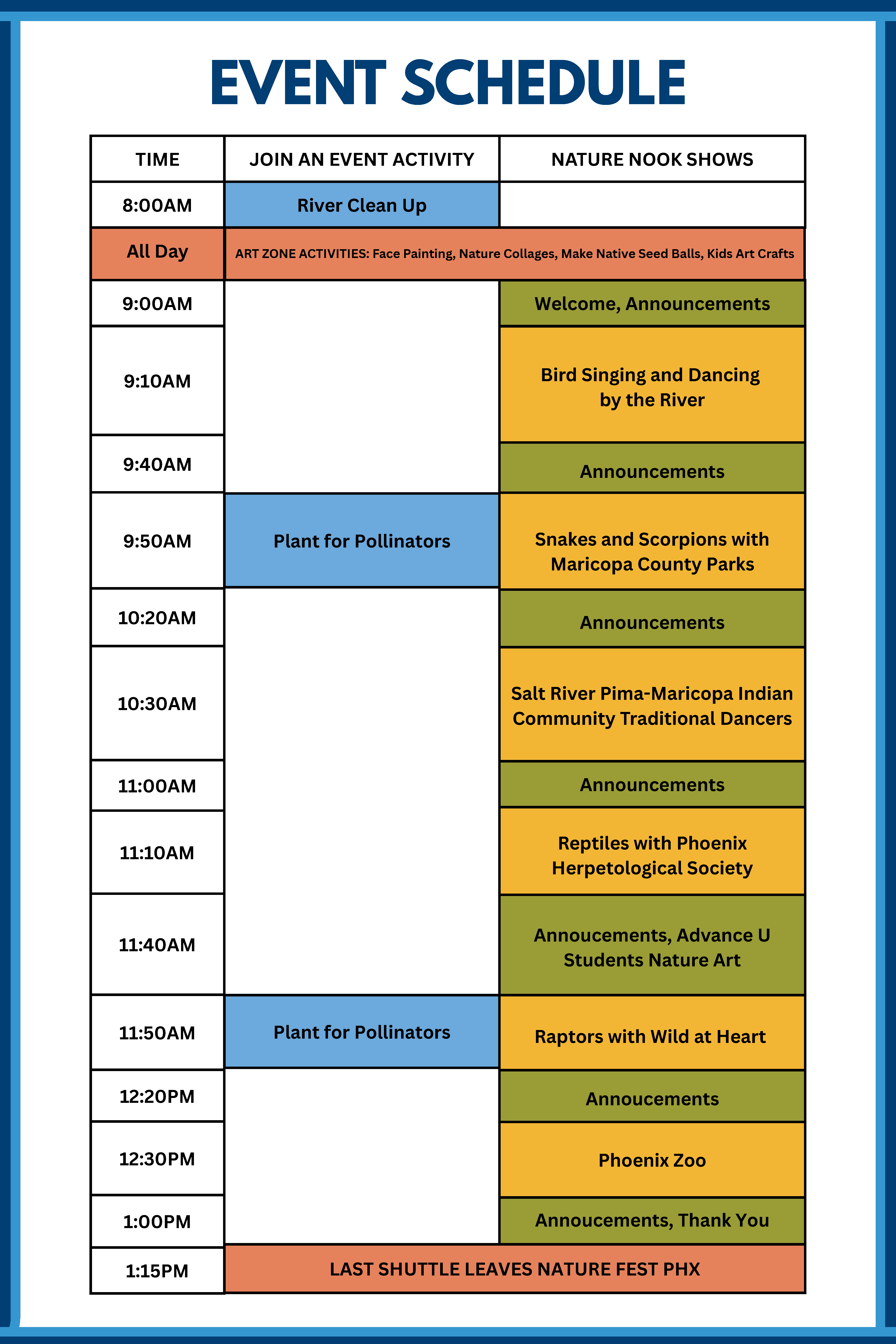 Schedule of events for Nature Nook Shows 