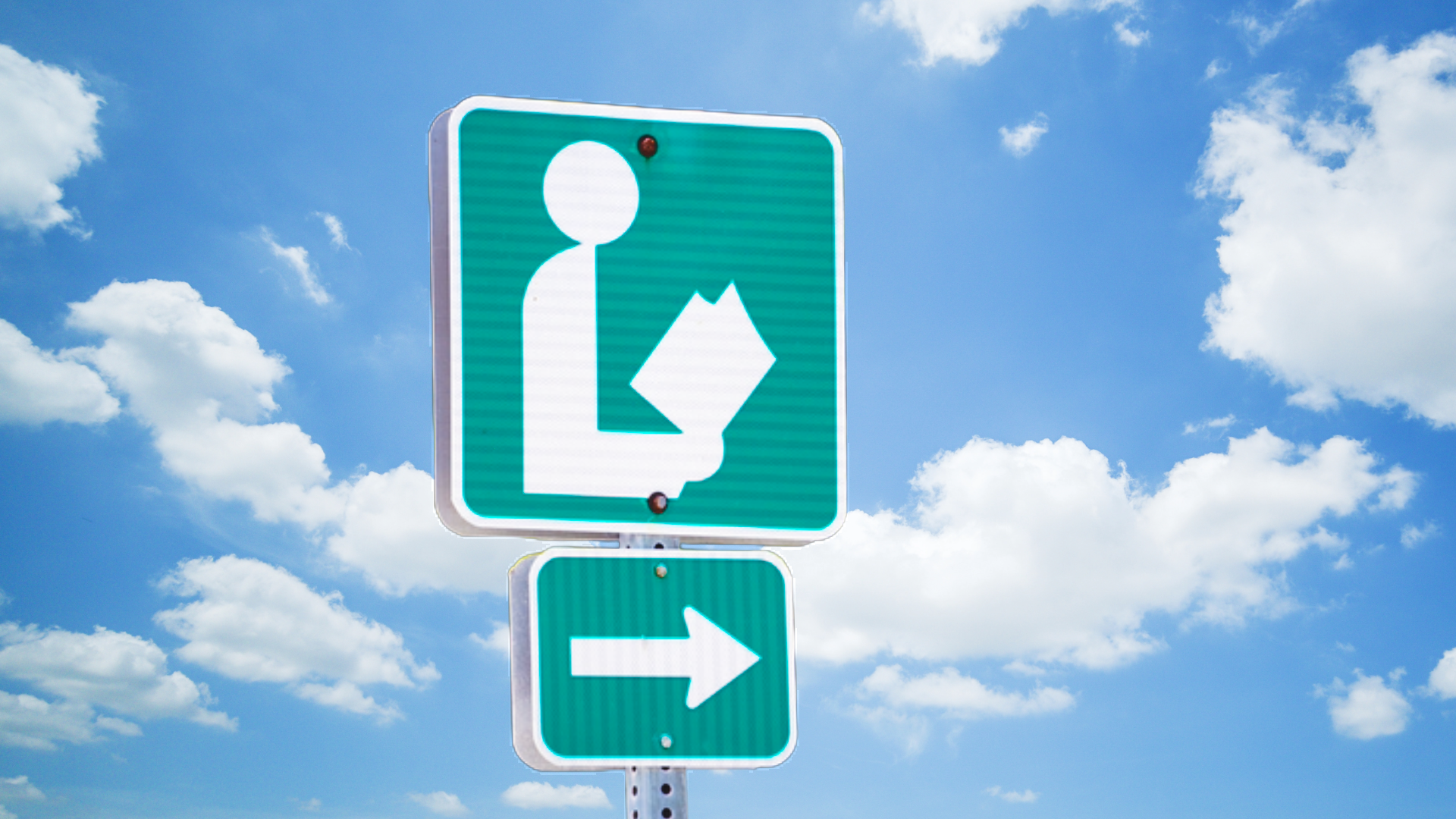 Blue sky with clouds backgroun, green sign with an individual holding a book and an arrow pointing indicating where to find the library