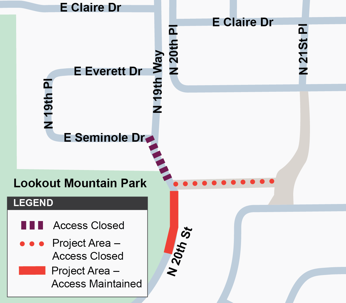Map of project area to east of Lookout Mountain Park on and adjacent to 20th Street