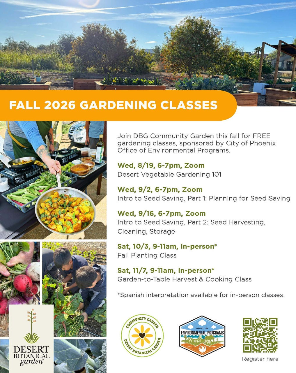 Flyer for free fall 2026 gardening classes hosted by the Desert Botanical Gardens