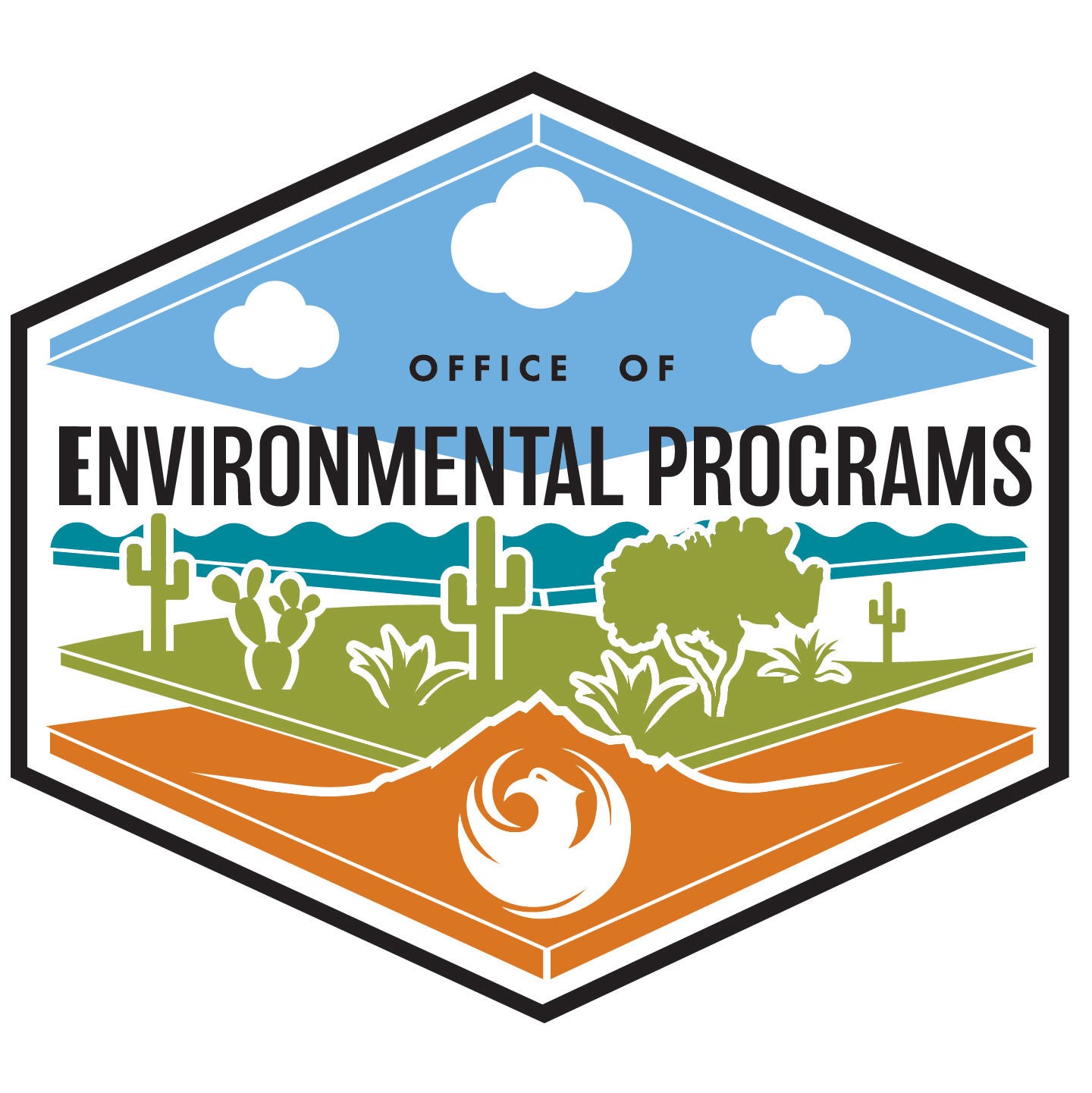 Office of Environmental Programs logo with color line drawing of cactus and city bird logo
