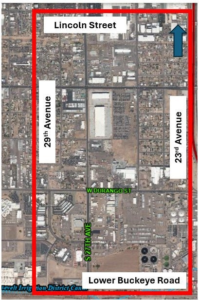 Satellite aerial view of the area with an orange outline of the project perimeter.