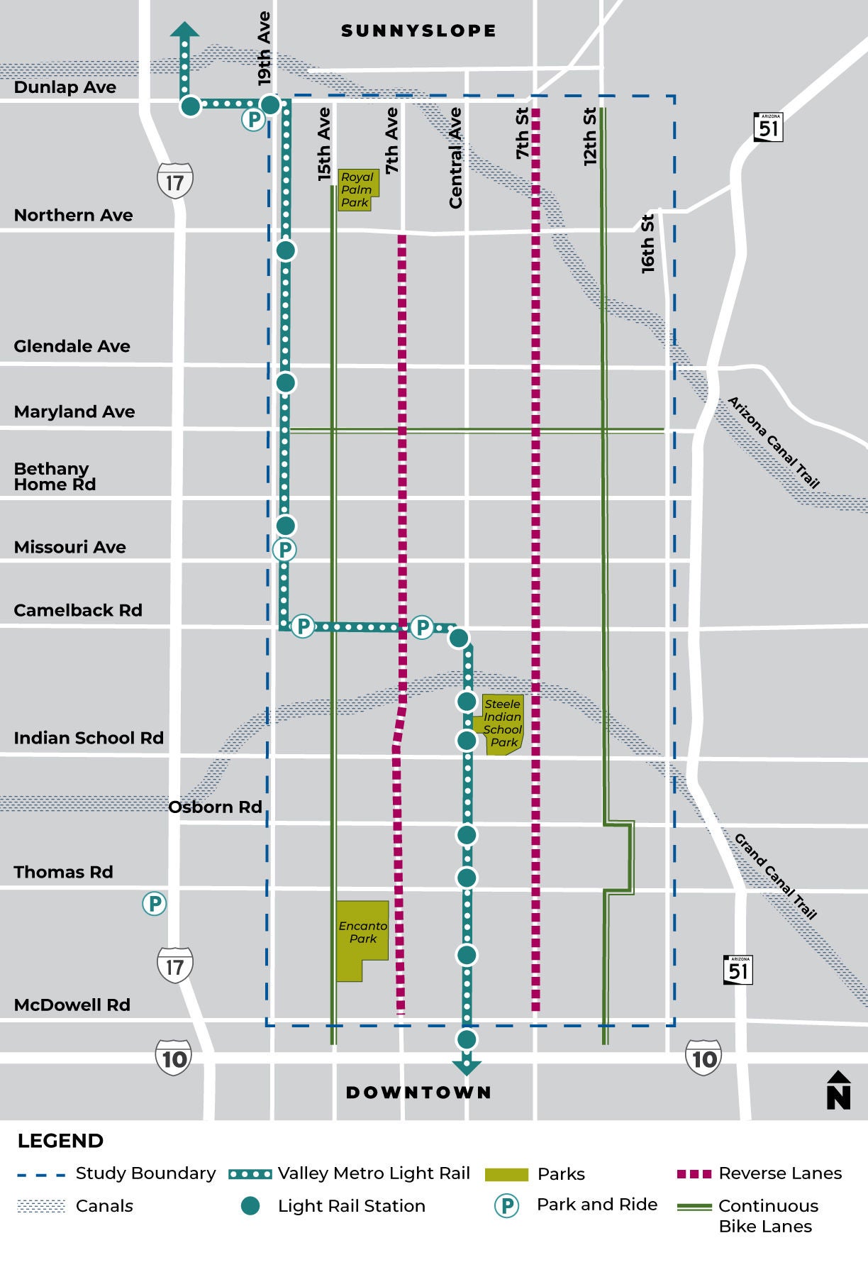 Map of the study area boundaries, which are 19th Avenue to the west, 16th Street to the east and McDowell Road on the south to Dunlap Avenue on the north