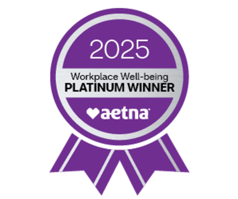 Award ribbon for 2025 Workplace Well-being Platinum level from Aetna