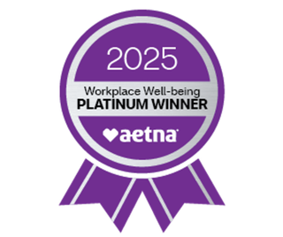 Award ribbon for 2025 Workplace Well-being Platinum level from Aetna
