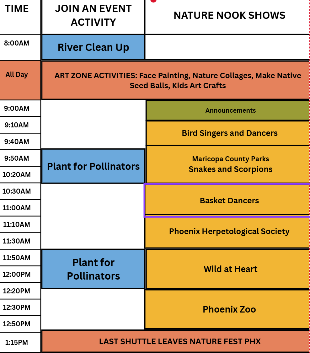 Schedule of events for Nature Nook Shows 