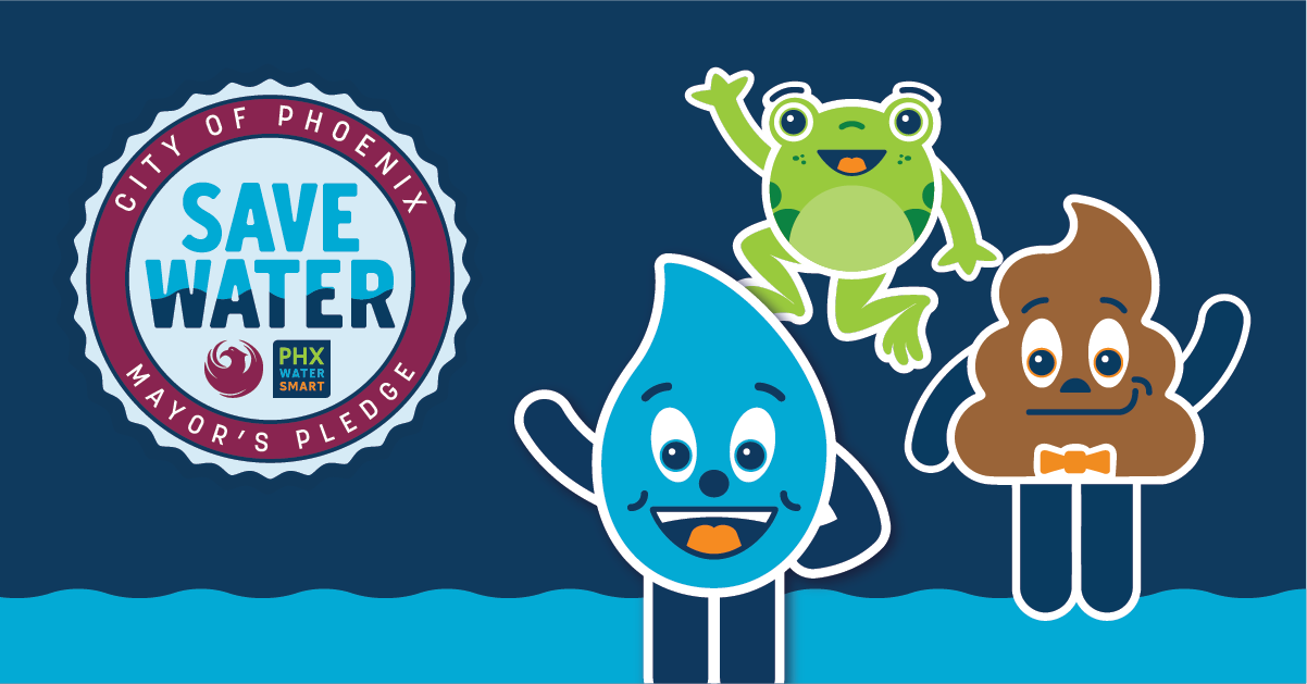 City of Phoenix seal with 'Save Water' in bold blue,