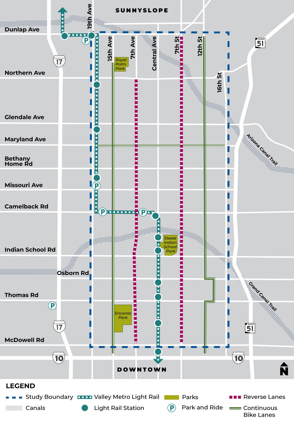 Map of the study area boundaries, which are 19th Avenue to the west, 16th Street to the east and McDowell Road on the south to Dunlap Avenue on the north