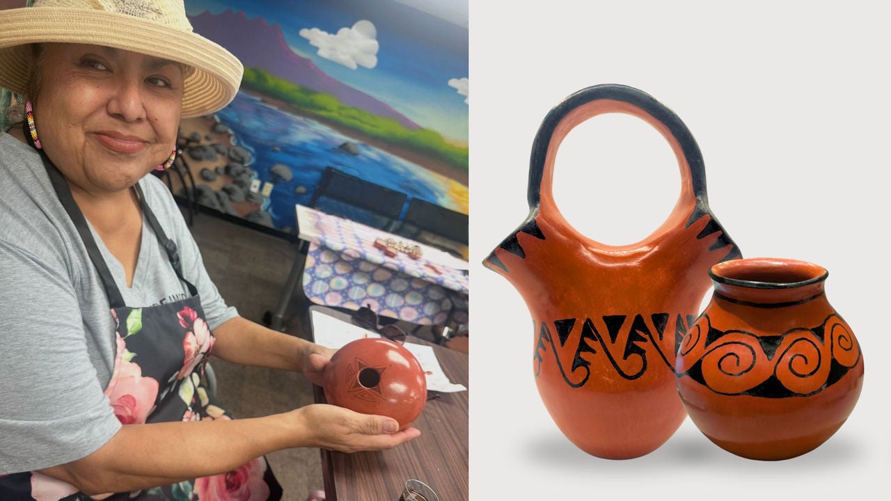Edited photo showing 2026 Indian Market Featured Artist Antoinette Pinon on the left, wearing a floral apron and straw hat while holding a circular ceramic piece. On the right are two examples of Antoinette's ceramic pottery, both made of deep reddish orange clay with black patterns.
