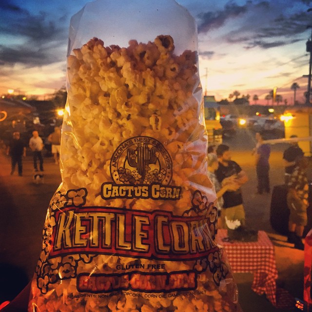Kettle corn bag against sunset backdrop
