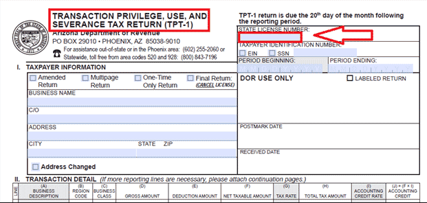 Image showing location of license number in upper right corner of tax form
