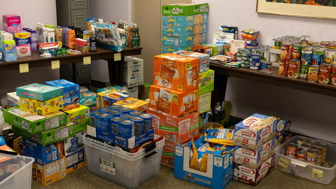 Boxes of donated food and items.