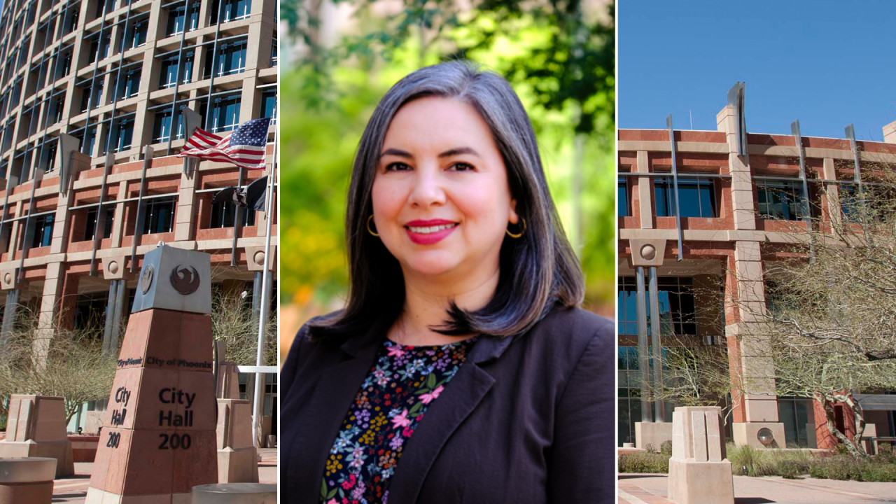 A professional headshot of Mayra Baquera standing outdoors with green trees softly blurred in the background is framed between two photos of Phoenix City Hall with signage that shows City Hall and the address.