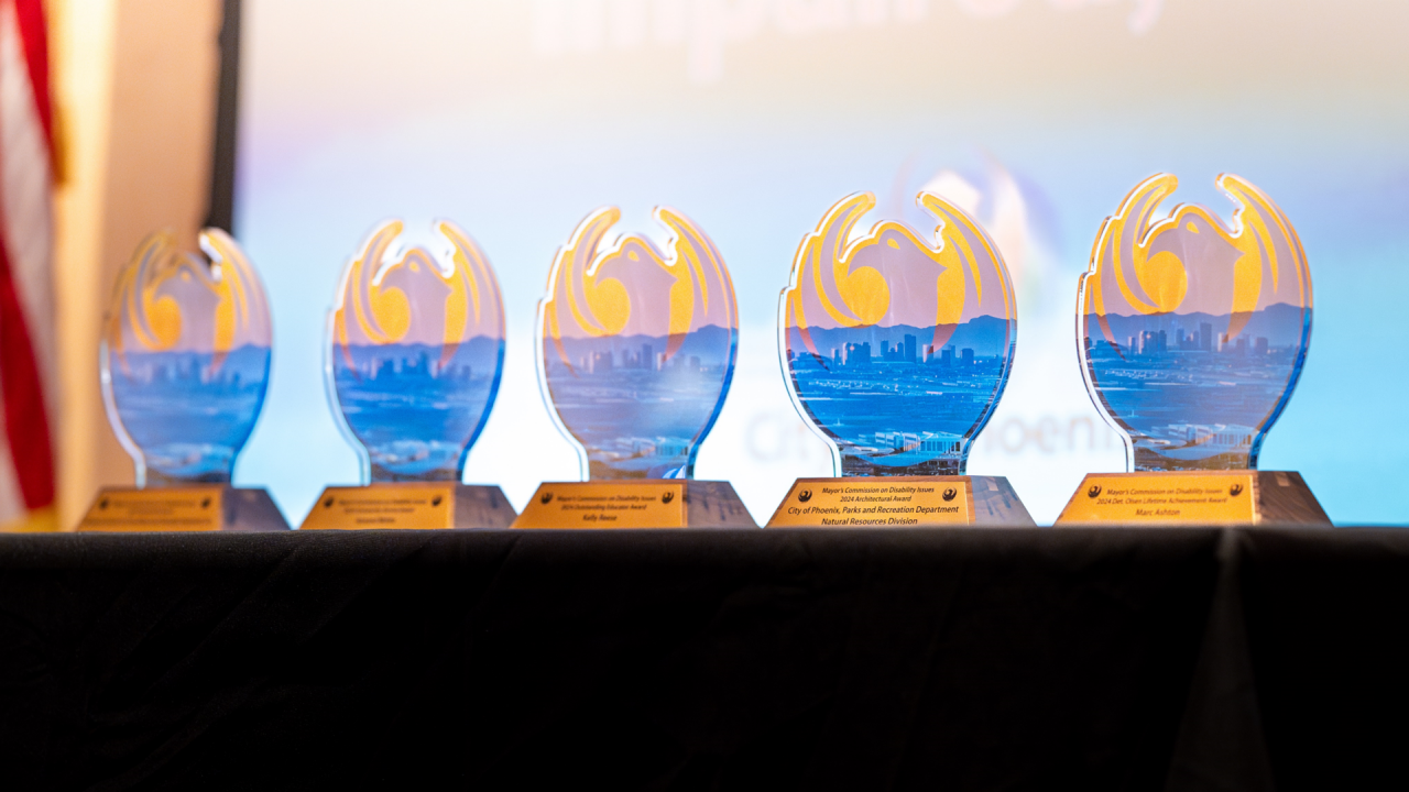 Five MCDI award statues placed on black table. 