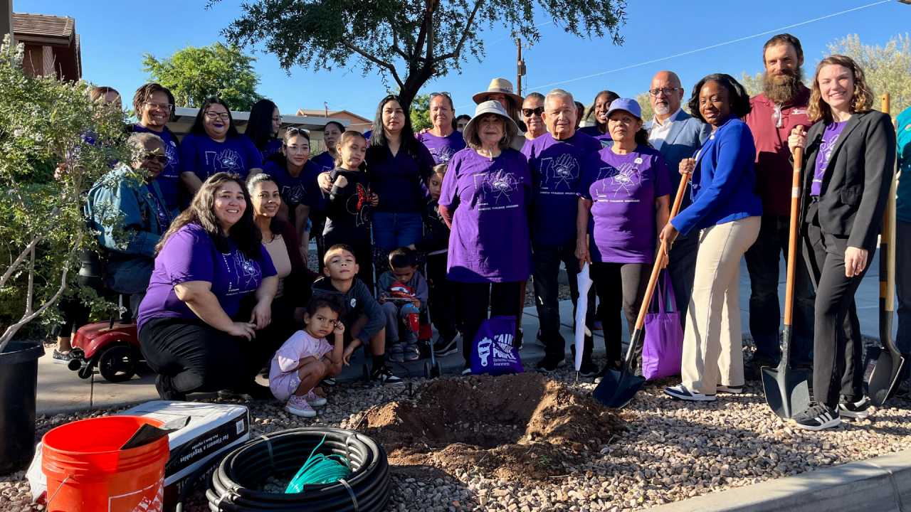 City of Phoenix staff, Councilwoman Hodge Washington and community volunteers gather to plant a tree.