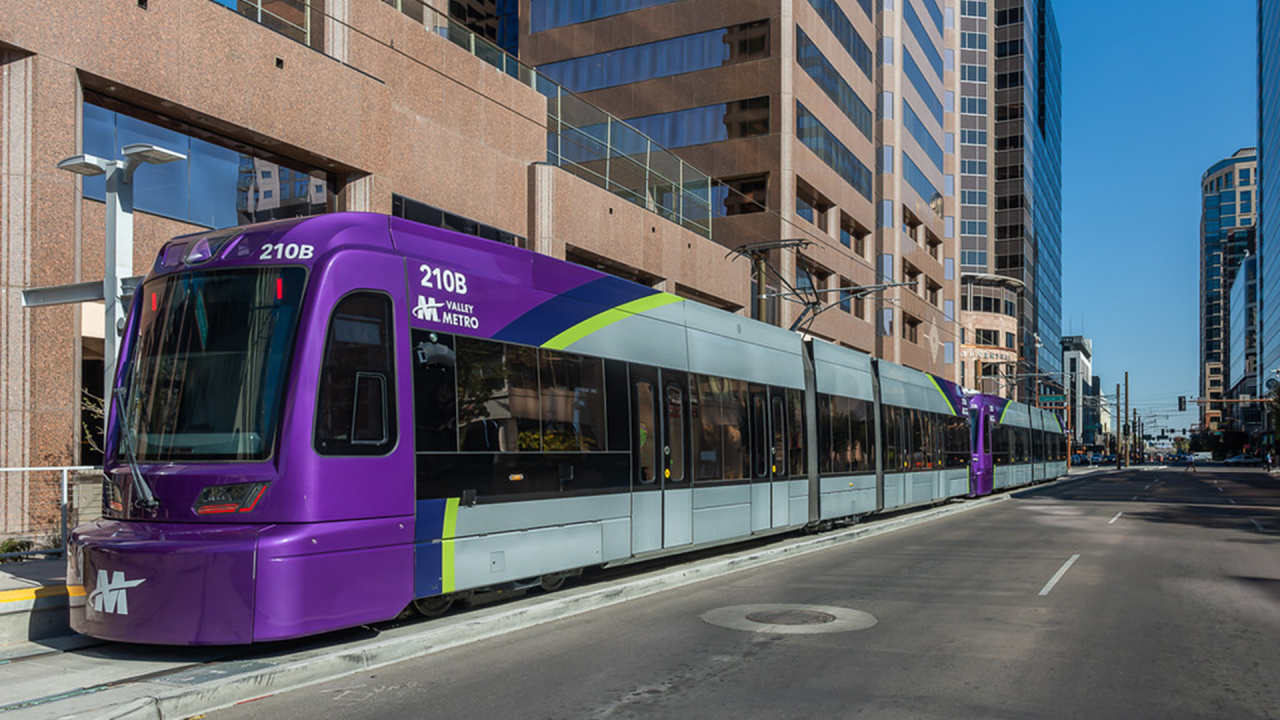Valley Metro light rail on Washington St in Downtown Phoenix. 