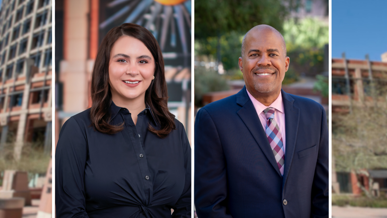 Headshot photos of Ilse Borquez (left) and Marty Whitfield (right) with Phoenix City Hall in the background