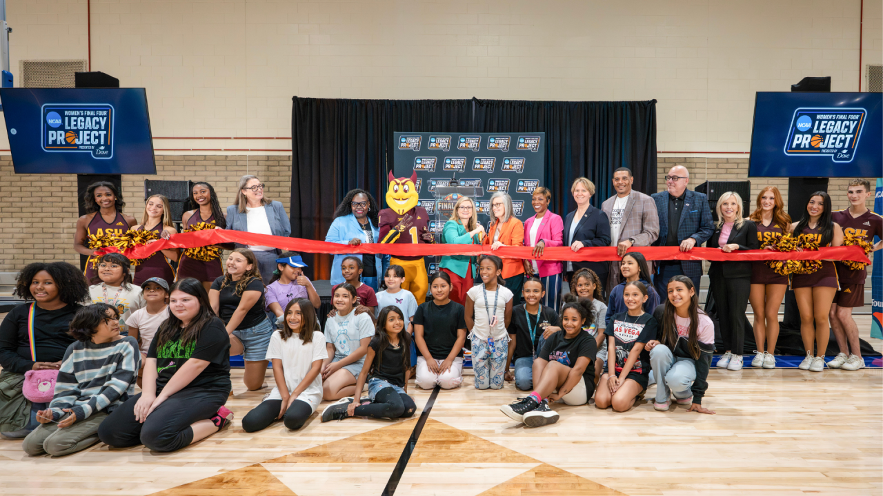 Ribbon cutting at the Washington Activity Center for the 2026 NCAA Women's Final Four Legacy Project featuring Governor Katie Hobbs, Mayor Kate Gallego, local elementary school students, ASU spirit squad and mascot, NCAA Officials, and more