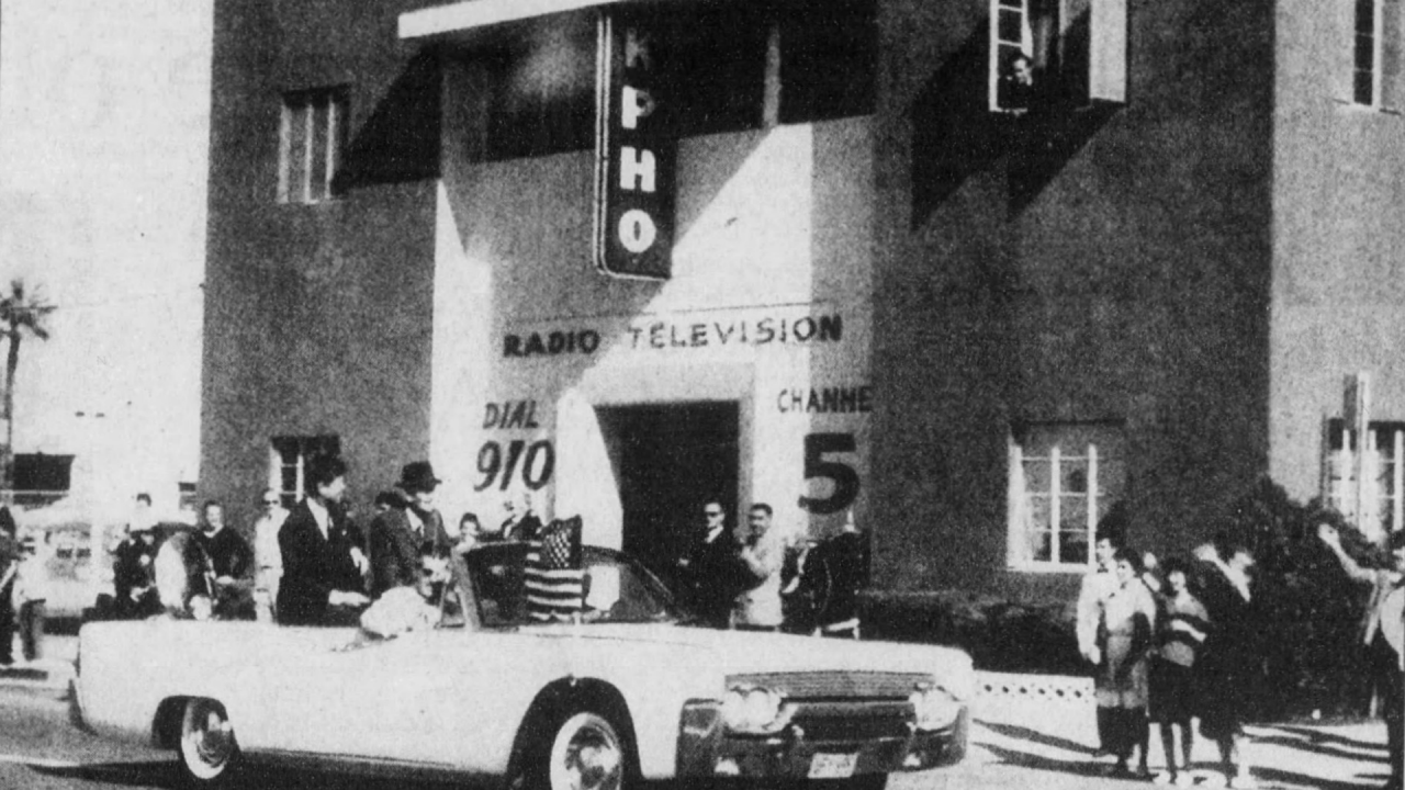 black and white historic image of KPHO studio building