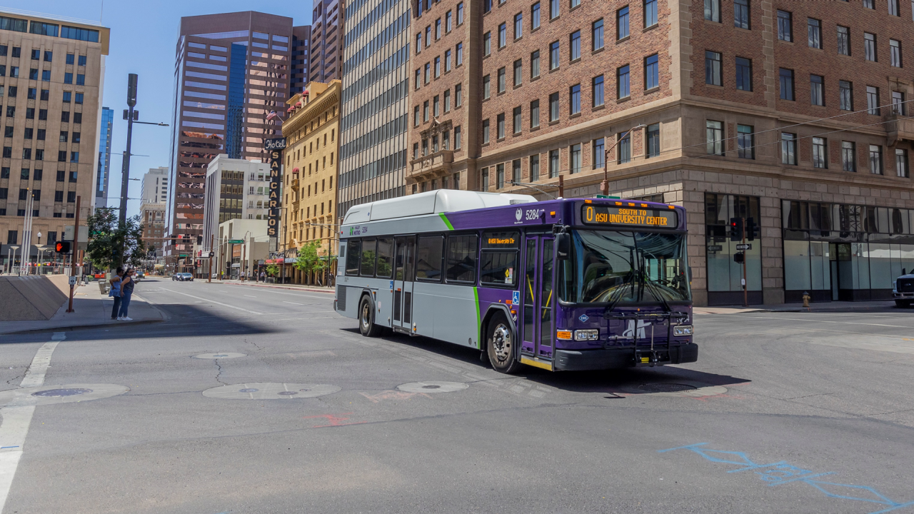A Valley Metro Bus servicing Route 0, heading North on Central Avenue in Downtown Phoenix. 
