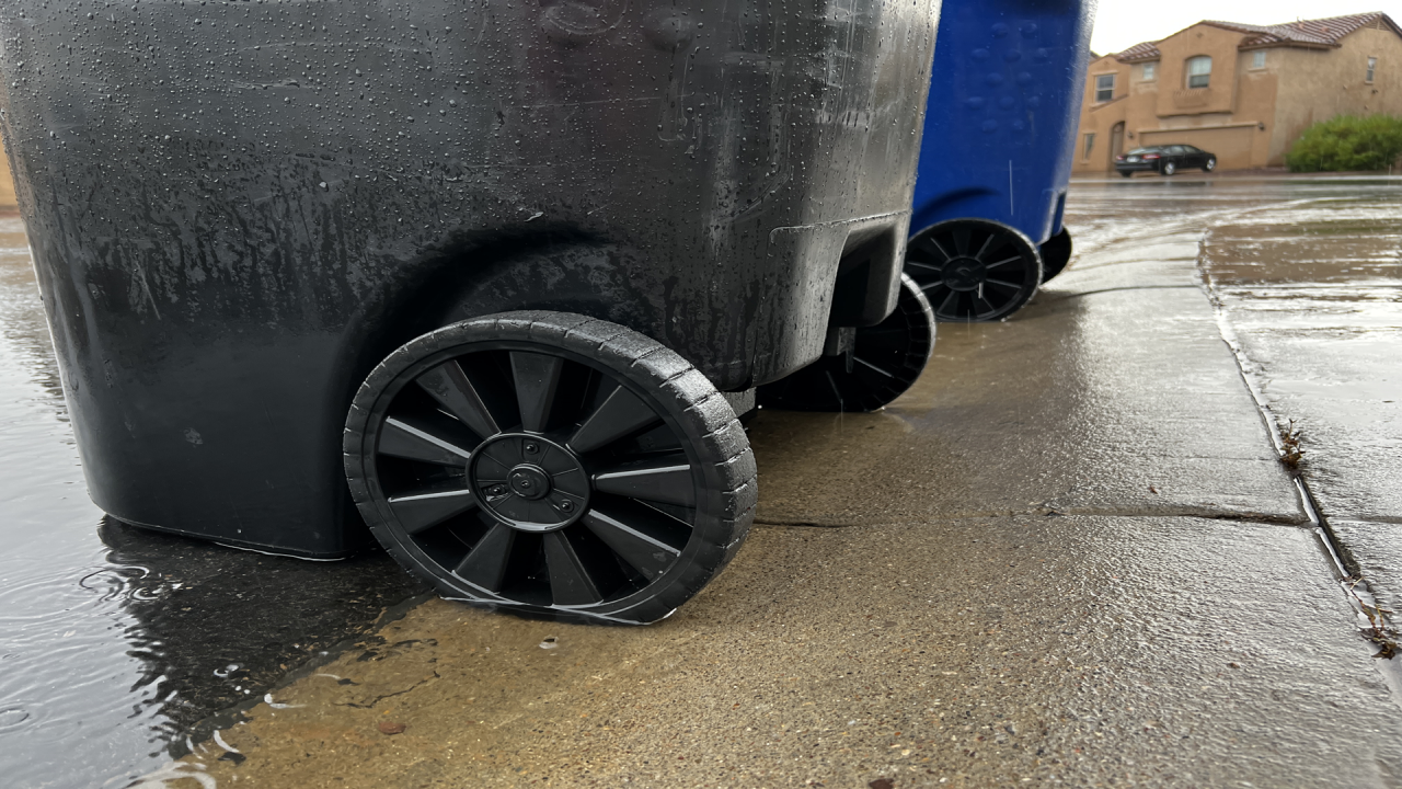 A tight shot of the wheel of a black curbside trash container up against the curb. It is a cloudy, rainy day and there is about half an inch of standing water in the gutter. A blue curbside recycle bin can be seen against the curb in the background.