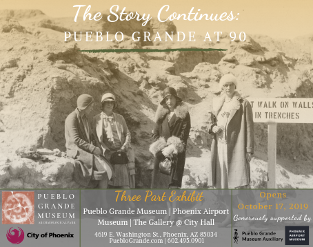 Black and white image displays four women in 1920's attire gathered around Pueblo Grande's archaeological platform mound.