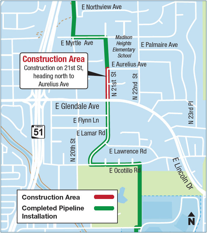 Map of pipeline work on 21st Street north of Glendale Ave 