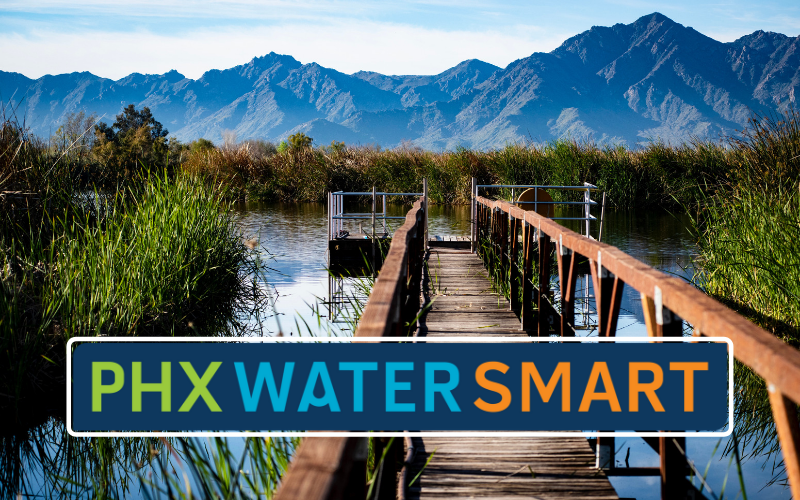 Phx Water Smart logo showing river and boardwalk in front of a mountain range